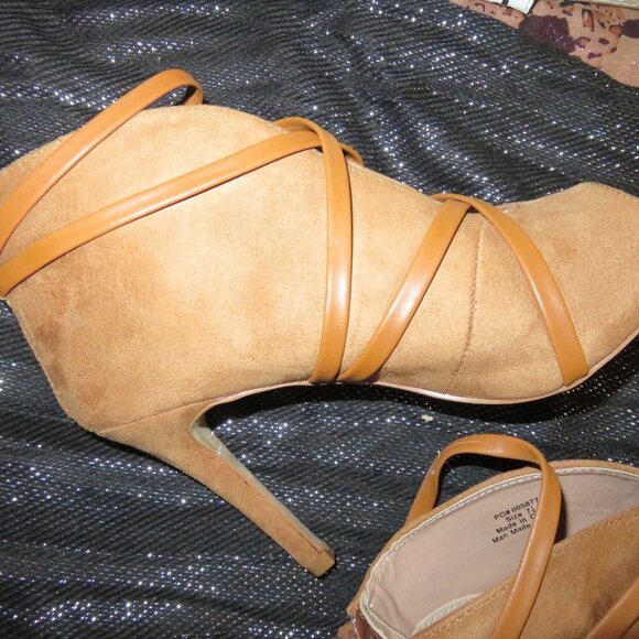 BOGO Tan Microsuede Faux Leather wrapped booties heels stilettos size 7.5 - Picture 7 of 15